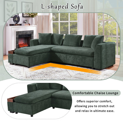 Divano componibile moderno a L in ciniglia con vano portaoggetti in legno e cuscini coordinati per il soggiorno