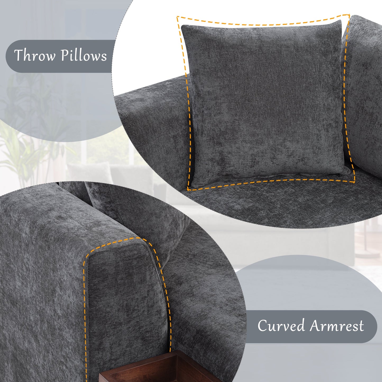 Divano componibile moderno a L in ciniglia con vano portaoggetti in legno e cuscini coordinati per il soggiorno