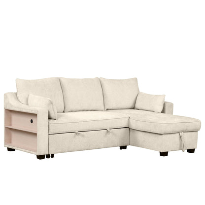 Divano letto moderno a L con chaise longue contenitore, porte USB e ripiani portaoggetti per il soggiorno