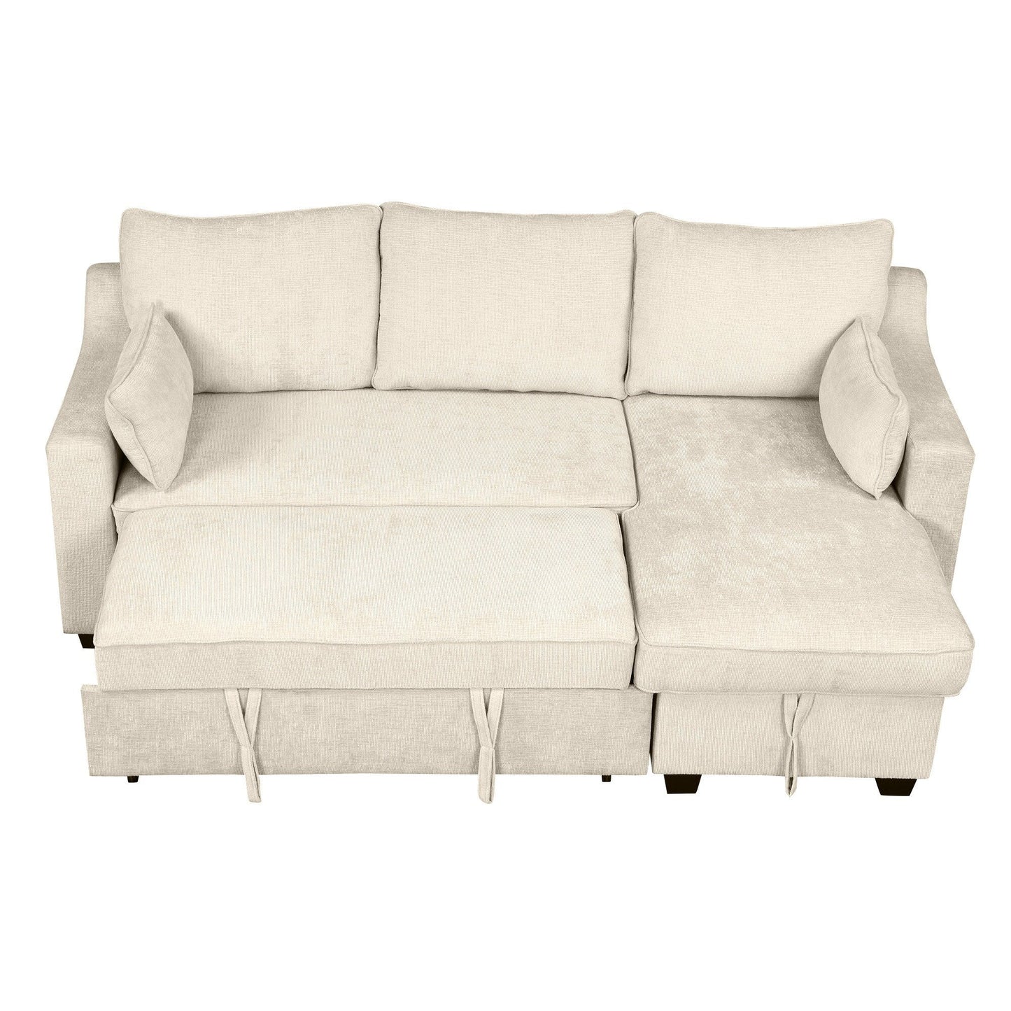 Divano letto moderno a L con chaise longue contenitore, porte USB e ripiani portaoggetti per il soggiorno