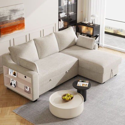 Divano letto moderno a L con chaise longue contenitore, porte USB e ripiani portaoggetti per il soggiorno