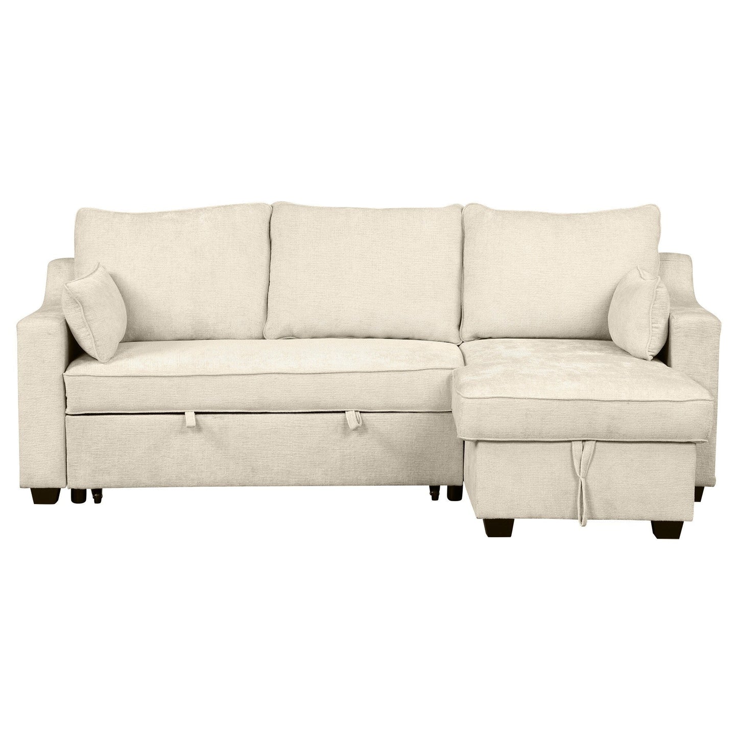 Divano letto moderno a L con chaise longue contenitore, porte USB e ripiani portaoggetti per il soggiorno