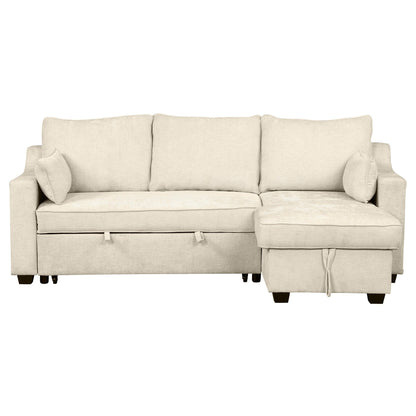 Divano letto moderno a L con chaise longue contenitore, porte USB e ripiani portaoggetti per il soggiorno