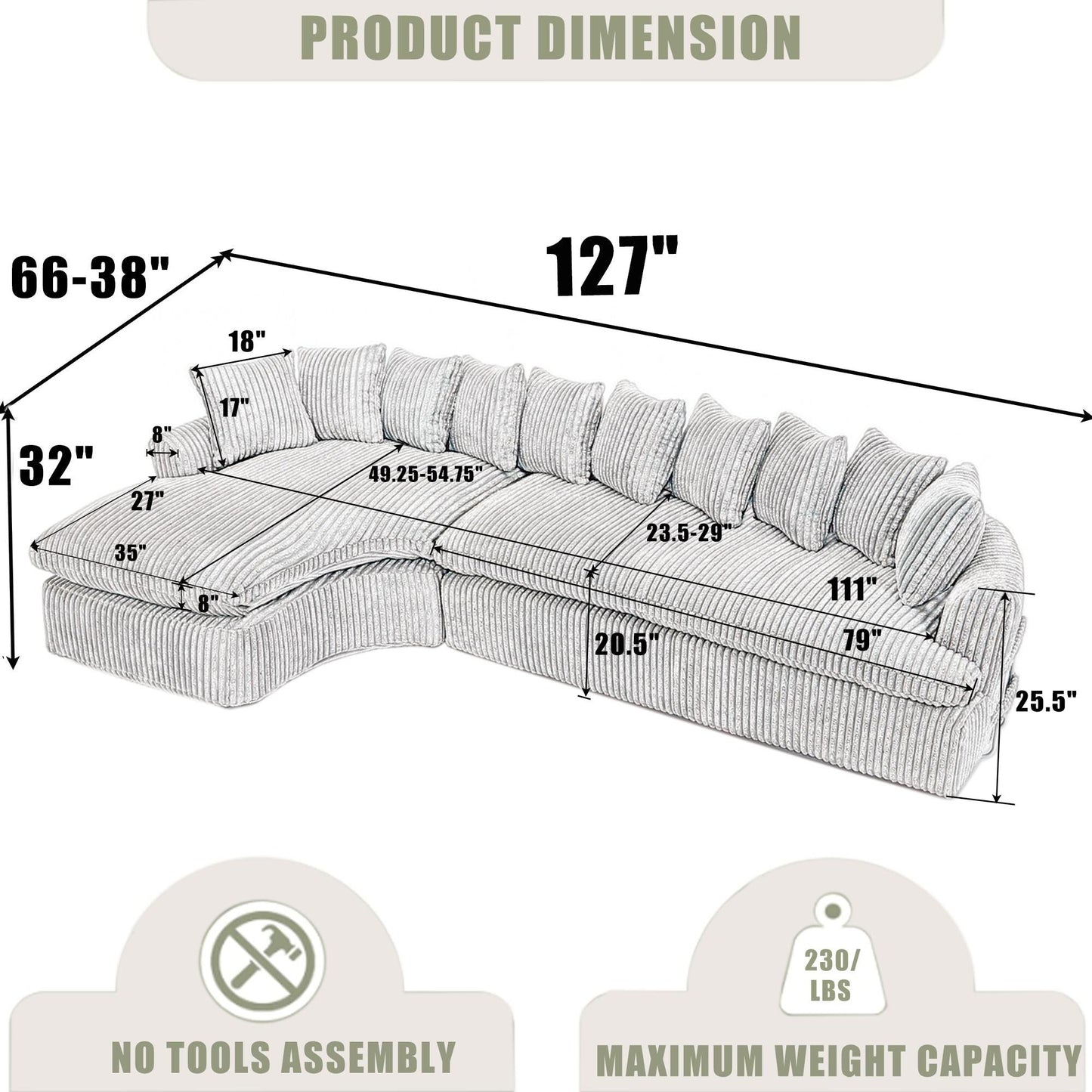 Divano componibile modulare moderno a 4 posti in velluto a coste a forma di L con design curvo e cuscini per lo schienale per il soggiorno
