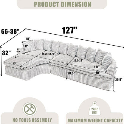 Divano componibile modulare moderno a 4 posti in velluto a coste a forma di L con design curvo e cuscini per lo schienale per il soggiorno