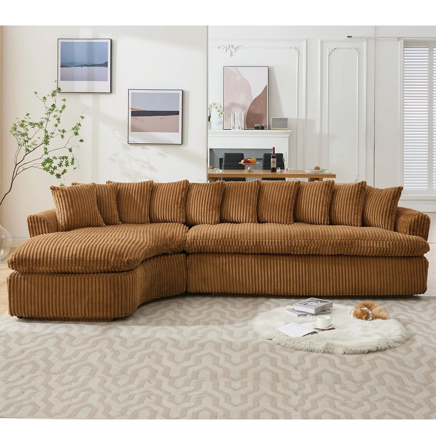 Divano componibile modulare moderno a 4 posti in velluto a coste a forma di L con design curvo e cuscini per lo schienale per il soggiorno