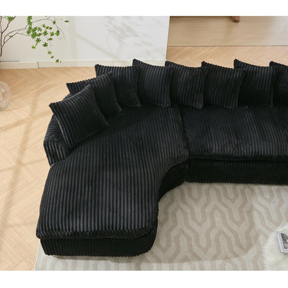 Divano componibile modulare moderno a 4 posti in velluto a coste a forma di L con design curvo e cuscini per lo schienale per il soggiorno