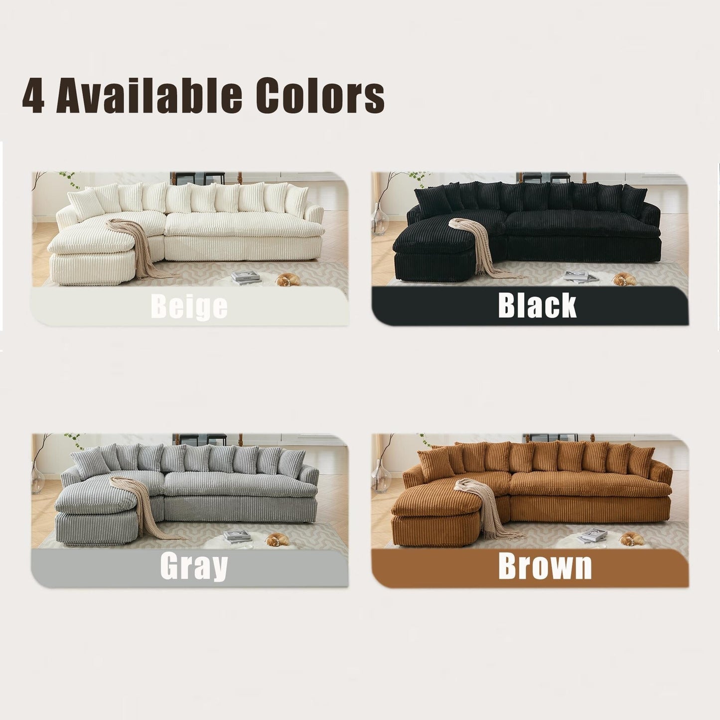 Divano componibile modulare moderno a 4 posti in velluto a coste a forma di L con design curvo e cuscini per lo schienale per il soggiorno