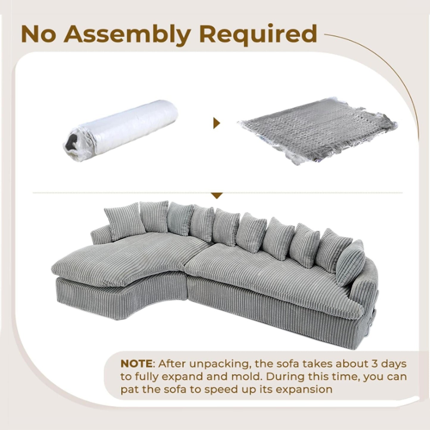 Divano componibile modulare moderno a 4 posti in velluto a coste a forma di L con design curvo e cuscini per lo schienale per il soggiorno