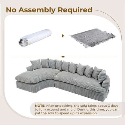 Divano componibile modulare moderno a 4 posti in velluto a coste a forma di L con design curvo e cuscini per lo schienale per il soggiorno