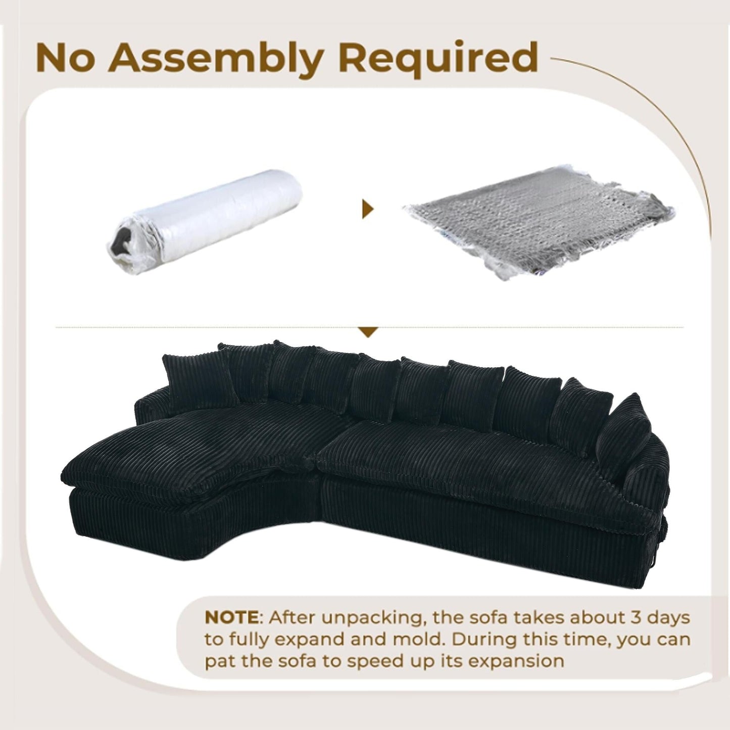 Divano componibile modulare moderno a 4 posti in velluto a coste a forma di L con design curvo e cuscini per lo schienale per il soggiorno