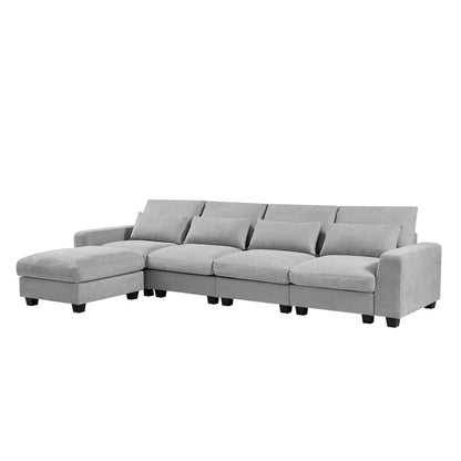 Divano componibile moderno a forma di L imbottito in piume con chaise longue reversibile e cuscini per soggiorno