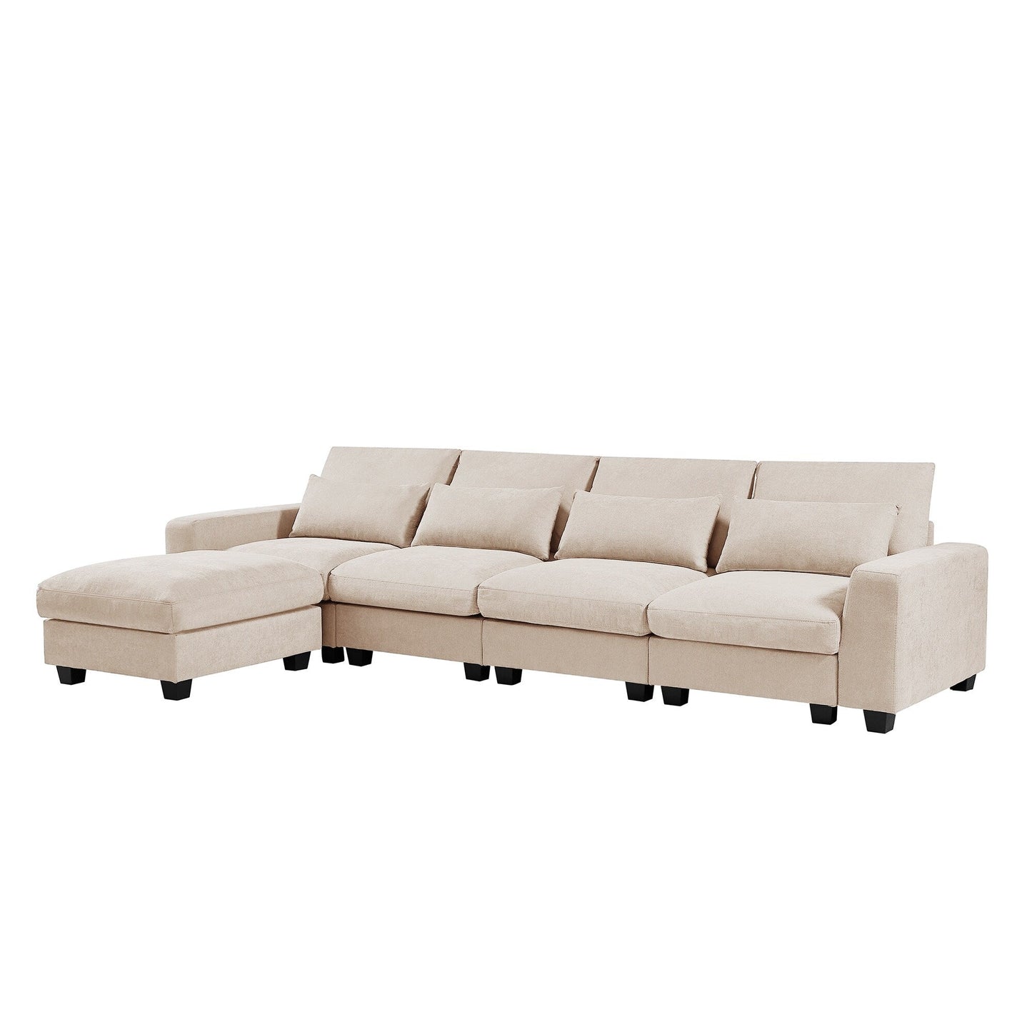Divano componibile moderno a forma di L imbottito in piume con chaise longue reversibile e cuscini per soggiorno