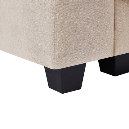 Divano componibile moderno a forma di L imbottito in piume con chaise longue reversibile e cuscini per soggiorno