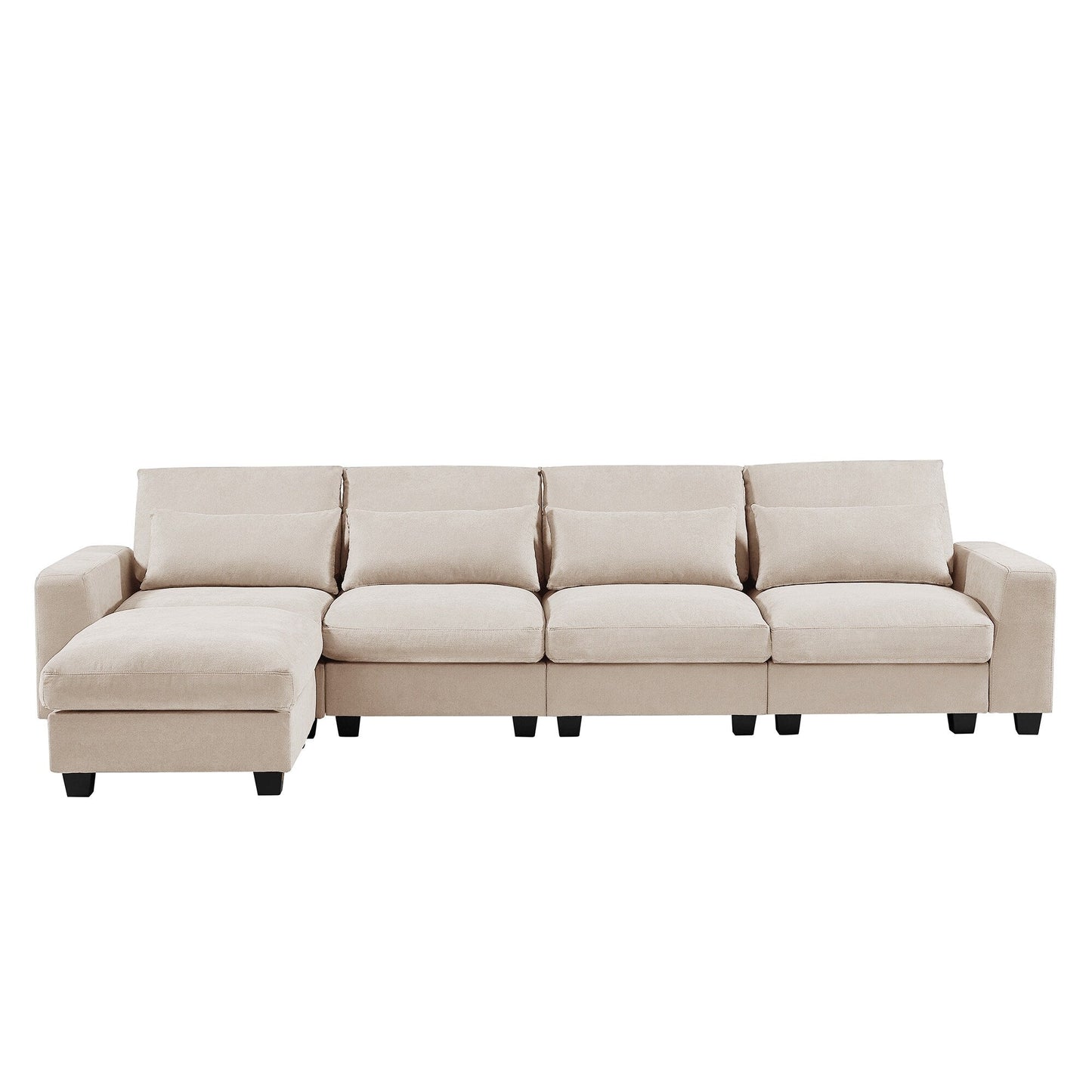 Divano componibile moderno a forma di L imbottito in piume con chaise longue reversibile e cuscini per soggiorno