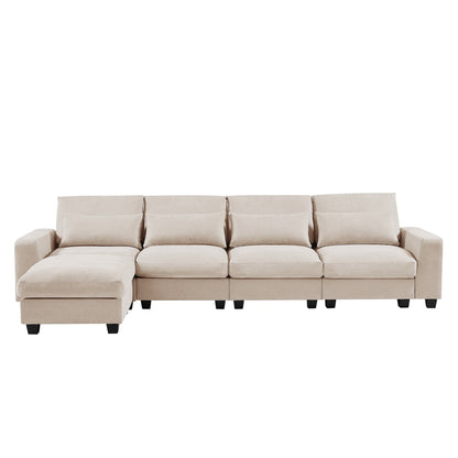 Divano componibile moderno a forma di L imbottito in piume con chaise longue reversibile e cuscini per soggiorno