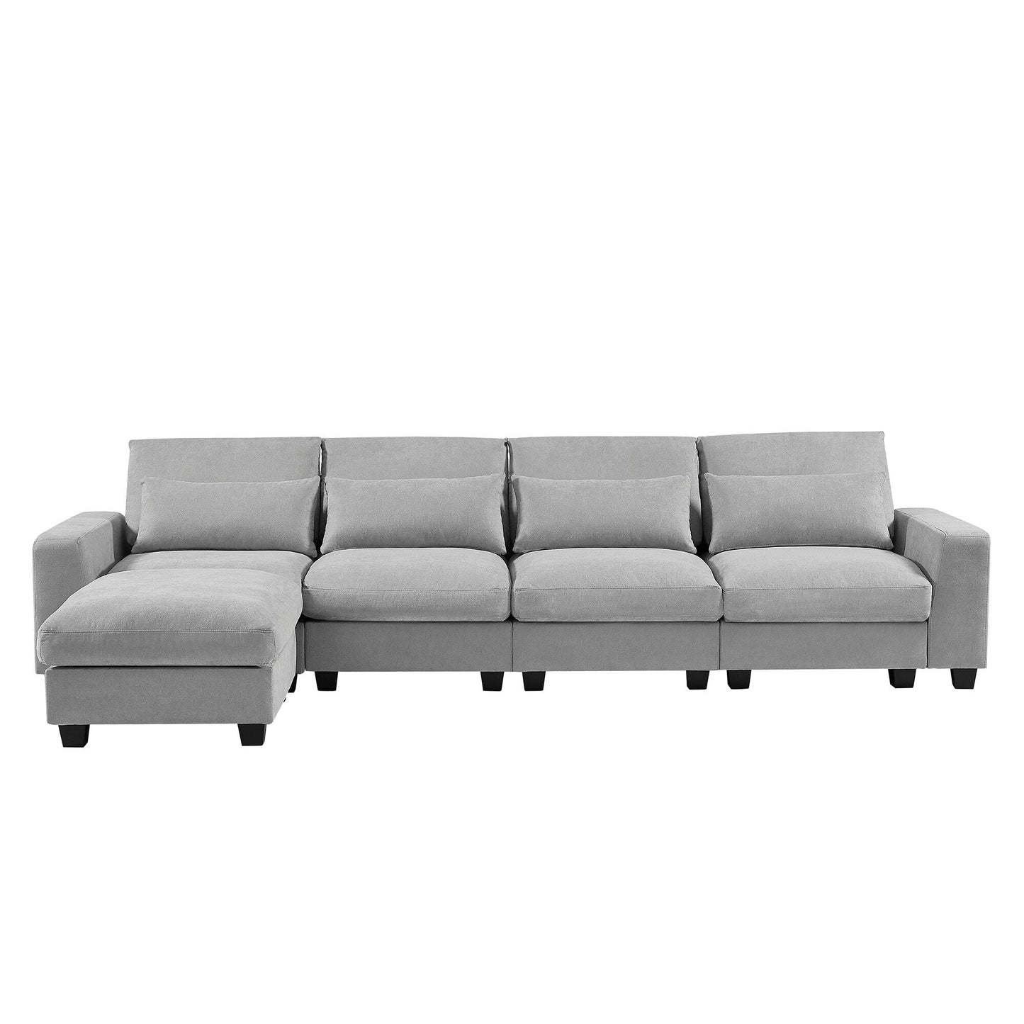 Divano componibile moderno a forma di L imbottito in piume con chaise longue reversibile e cuscini per soggiorno