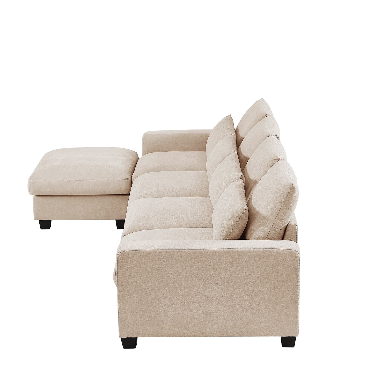 Divano componibile moderno a forma di L imbottito in piume con chaise longue reversibile e cuscini per soggiorno
