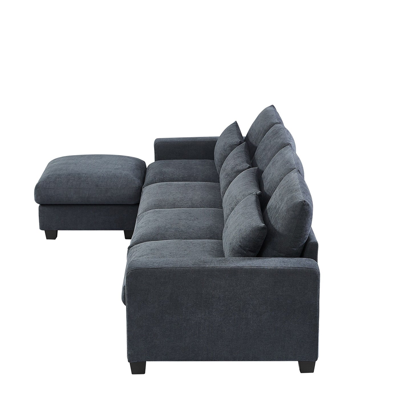 Divano componibile moderno a forma di L imbottito in piume con chaise longue reversibile e cuscini per soggiorno