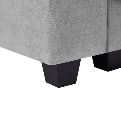 Divano componibile moderno a forma di L imbottito in piume con chaise longue reversibile e cuscini per soggiorno