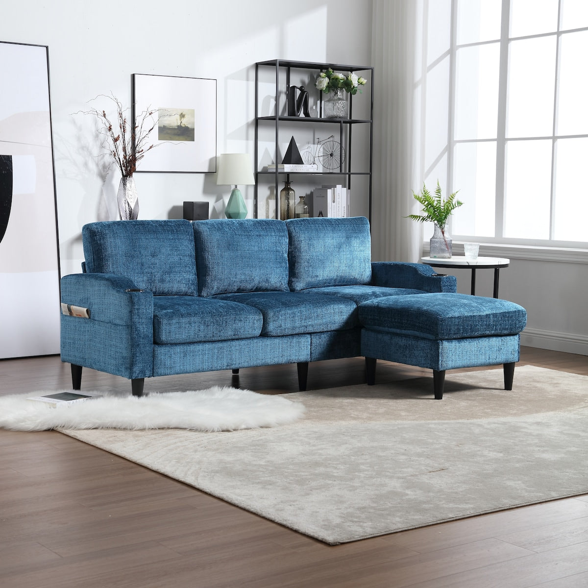 Divano moderno modulare a forma di L, liberamente combinabile, con pouf contenitore, cuscini, portabicchieri, tasche laterali, 3 posti