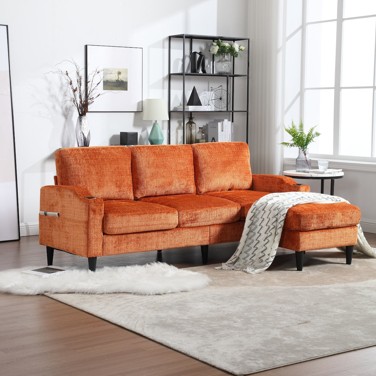 Divano moderno modulare a forma di L, liberamente combinabile, con pouf contenitore, cuscini, portabicchieri, tasche laterali, 3 posti