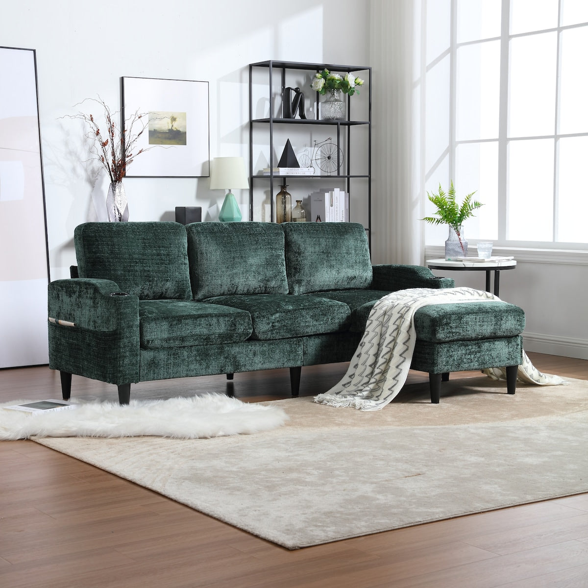 Divano moderno modulare a forma di L, liberamente combinabile, con pouf contenitore, cuscini, portabicchieri, tasche laterali, 3 posti