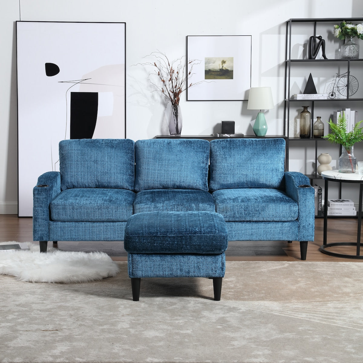 Divano moderno modulare a forma di L, liberamente combinabile, con pouf contenitore, cuscini, portabicchieri, tasche laterali, 3 posti