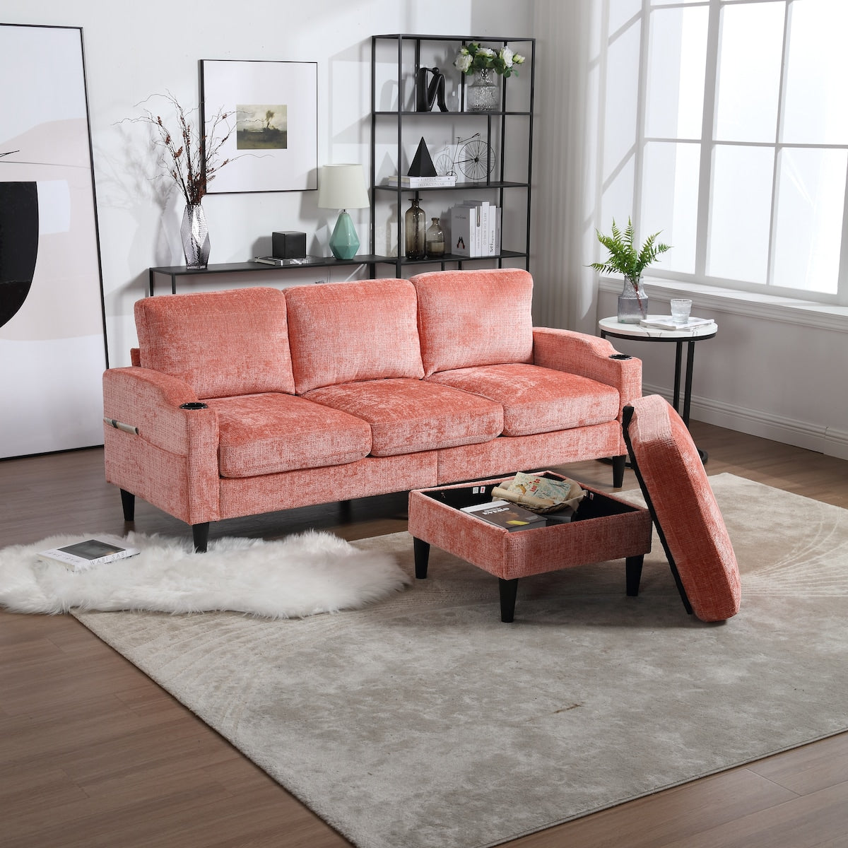 Divano moderno modulare a forma di L, liberamente combinabile, con pouf contenitore, cuscini, portabicchieri, tasche laterali, 3 posti