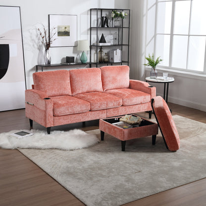 Divano moderno modulare a forma di L, liberamente combinabile, con pouf contenitore, cuscini, portabicchieri, tasche laterali, 3 posti