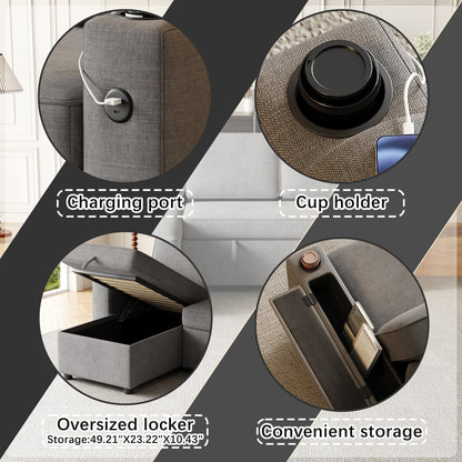 Divano letto moderno a L con chaise longue reversibile, contenitore, ricarica USB e portabicchieri per soggiorno