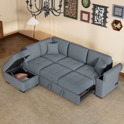 Divano letto moderno a forma di L in velluto, divano letto angolare con pouf contenitore, bracciolo nascosto e ricarica USB