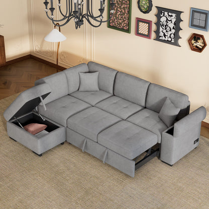 Divano letto moderno a forma di L in velluto, divano letto angolare con pouf contenitore, bracciolo nascosto e ricarica USB