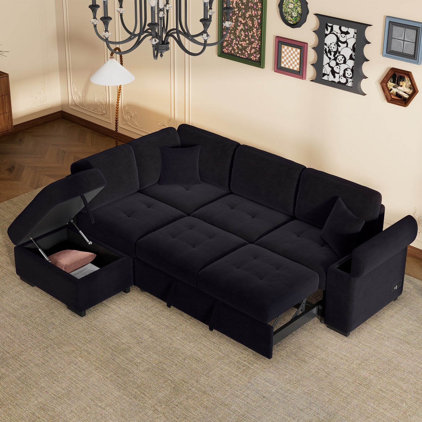 Divano letto moderno a forma di L in velluto, divano letto angolare con pouf contenitore, bracciolo nascosto e ricarica USB
