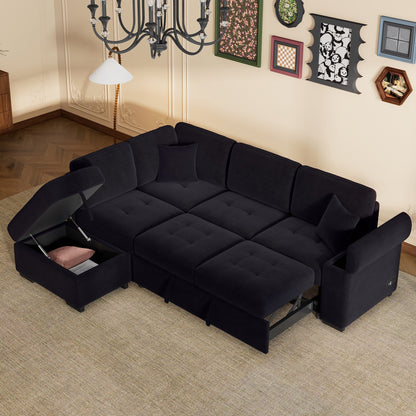 Divano letto moderno a forma di L in velluto, divano letto angolare con pouf contenitore, bracciolo nascosto e ricarica USB