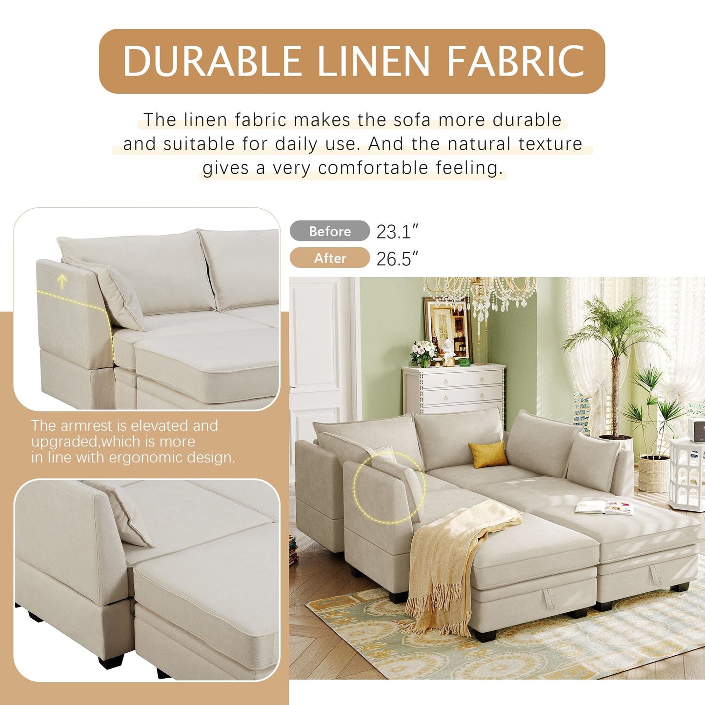 Divano moderno rivestito in lino, grande divano letto componibile modulare a forma di U con chaise longue reversibile per soggiorno e appartamento