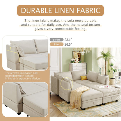 Divano moderno rivestito in lino, grande divano letto componibile modulare a forma di U con chaise longue reversibile per soggiorno e appartamento