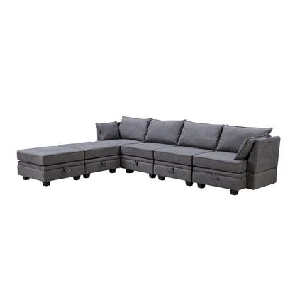 Divano moderno rivestito in lino, grande divano letto componibile modulare a forma di U con chaise longue reversibile per soggiorno e appartamento