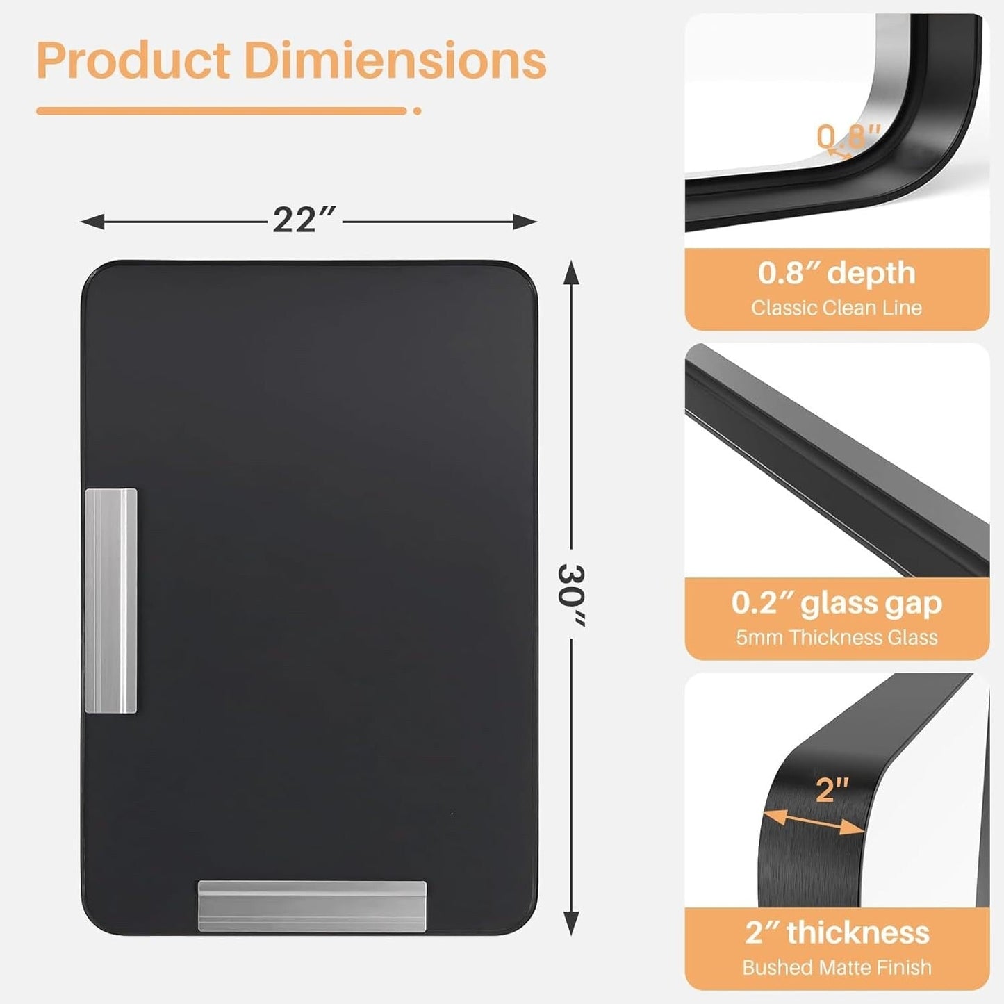 Specchi da bagno rettangolari arrotondati con cornice in lega di alluminio nero, da appendere sopra il lavandino, orizzontalmente o verticalmente.