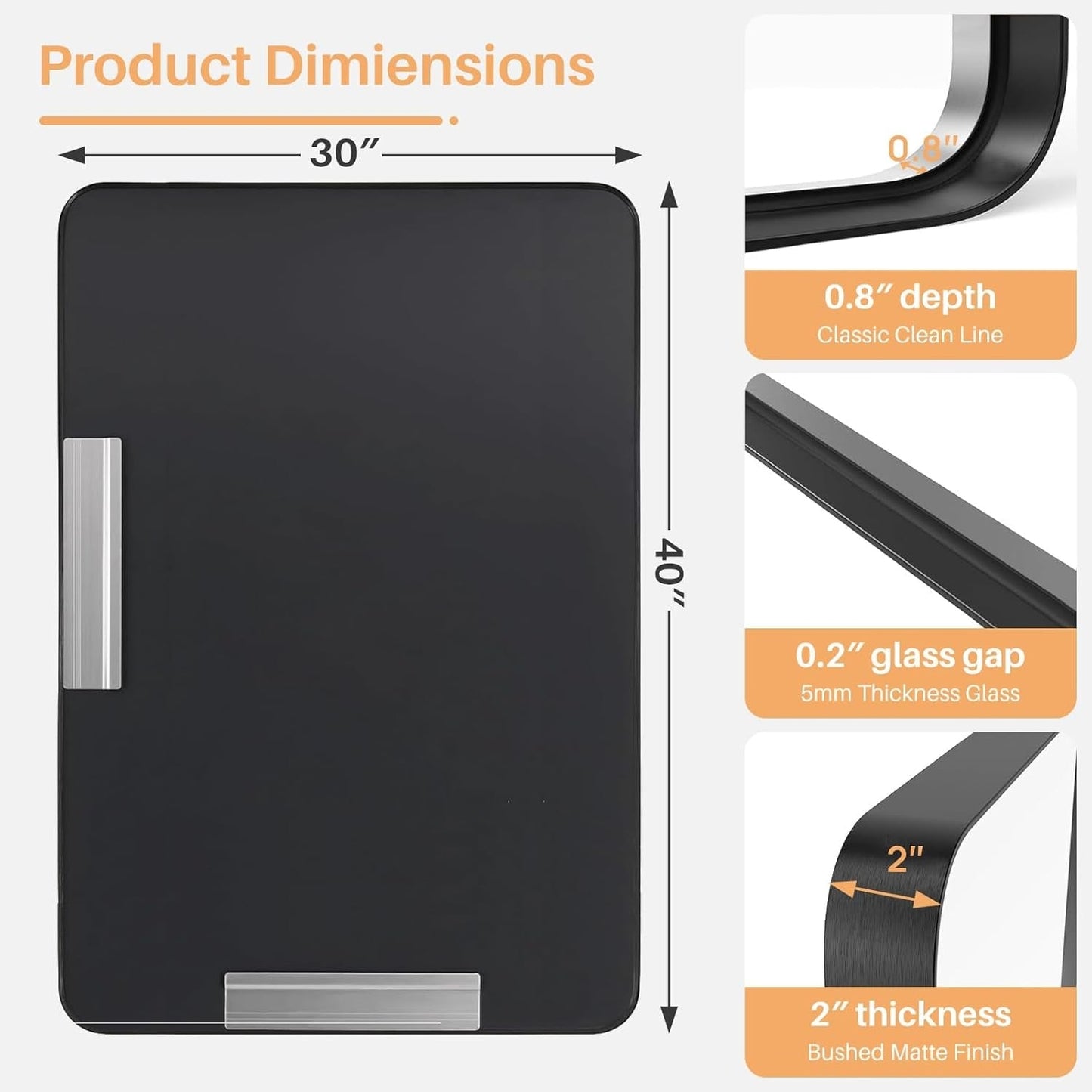 Specchi da bagno rettangolari arrotondati con cornice in lega di alluminio nero, da appendere sopra il lavandino, orizzontalmente o verticalmente.