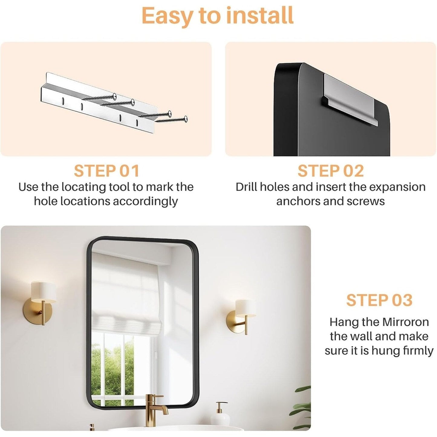 Specchi da bagno rettangolari arrotondati con cornice in lega di alluminio nero, da appendere sopra il lavandino, orizzontalmente o verticalmente.