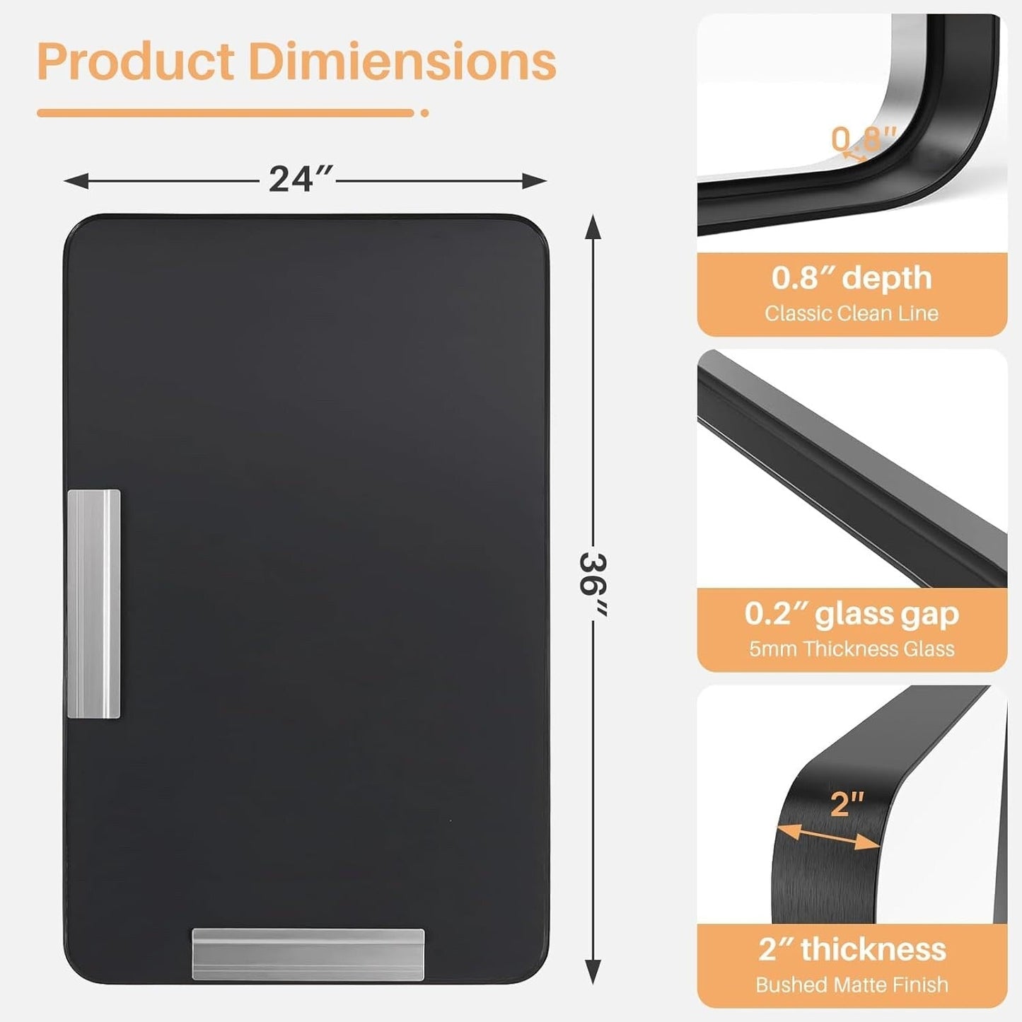 Specchi da bagno rettangolari arrotondati con cornice in lega di alluminio nero, da appendere sopra il lavandino, orizzontalmente o verticalmente.