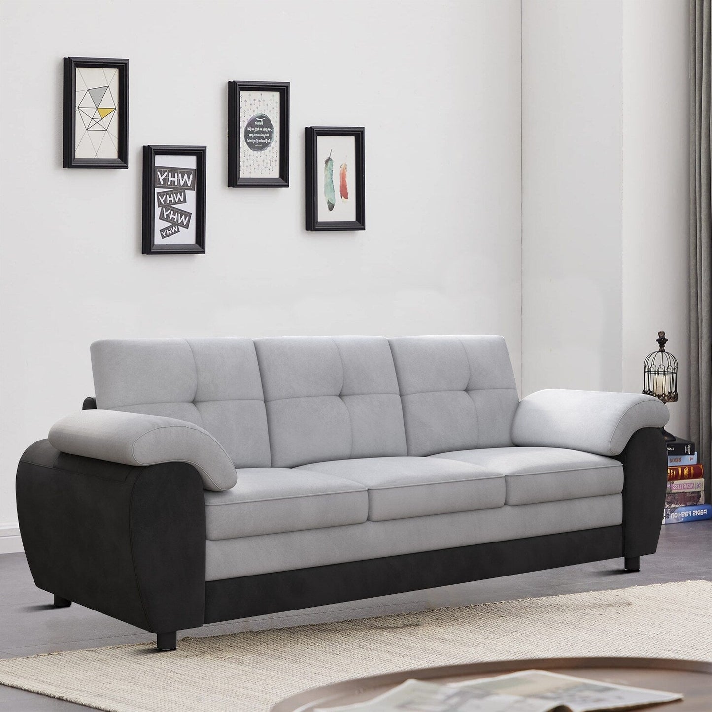 Divano moderno minimalista imbottito a tre posti con tessuto in velluto e braccioli con cuscini per il soggiorno