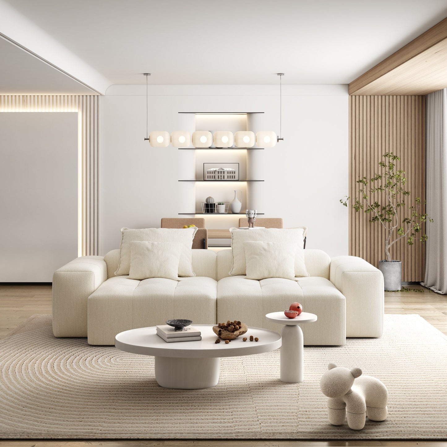 Divano componibile moderno in ciniglia con 2 chaise longue e 2 braccioli, 4 cuscini per soggiorno