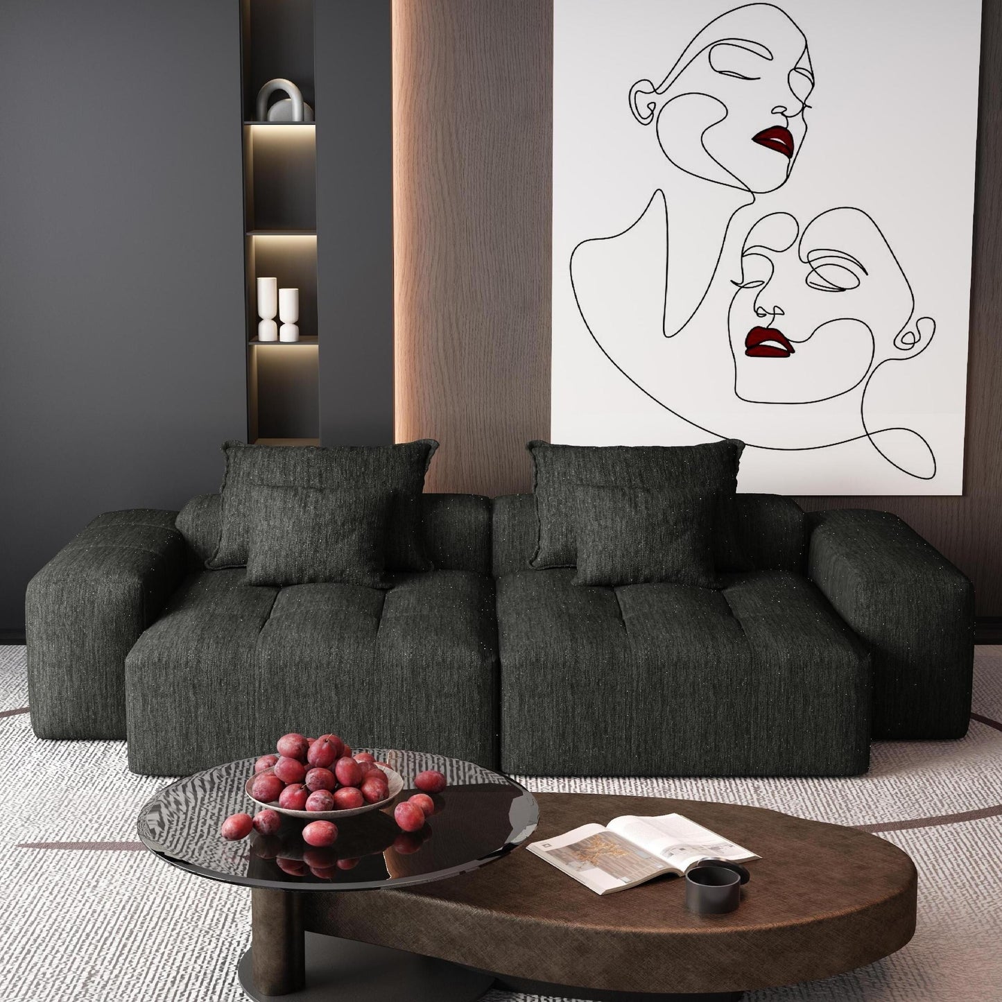 Divano componibile moderno in ciniglia con 2 chaise longue e 2 braccioli, 4 cuscini per soggiorno