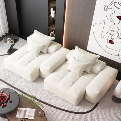 Divano componibile moderno in ciniglia con 2 chaise longue e 2 braccioli, 4 cuscini per soggiorno