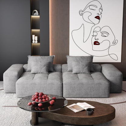 Divano componibile moderno in ciniglia con 2 chaise longue e 2 braccioli, 4 cuscini per soggiorno