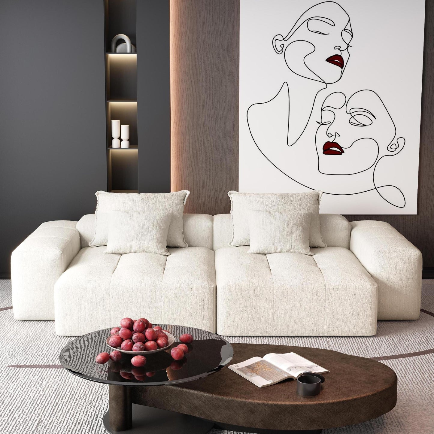 Divano componibile moderno in ciniglia con 2 chaise longue e 2 braccioli, 4 cuscini per soggiorno