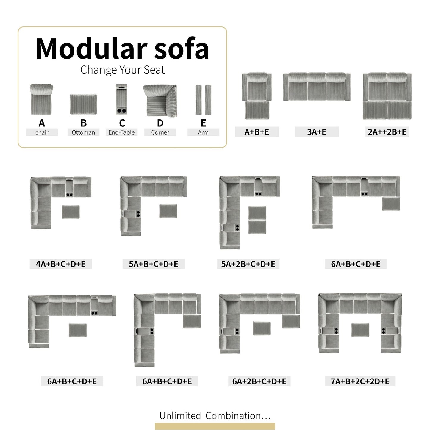 Divano componibile moderno in velluto a coste con porte USB, pouf contenitore e portabicchieri per soggiorno e appartamento