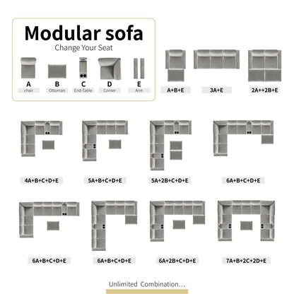 Divano componibile moderno in velluto a coste con porte USB, pouf contenitore e portabicchieri per soggiorno e appartamento